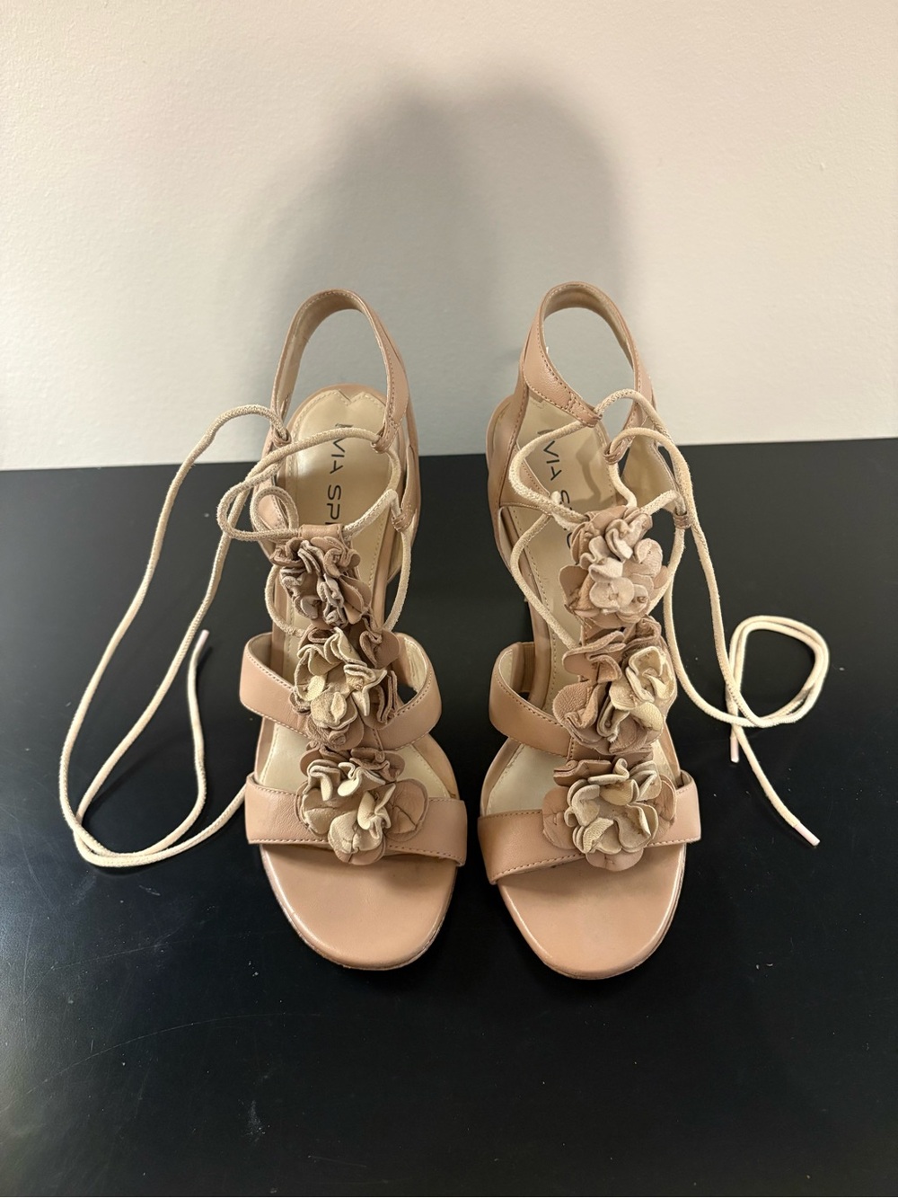 Via Spiga Blush-Tone Floral Lace-Up Heels